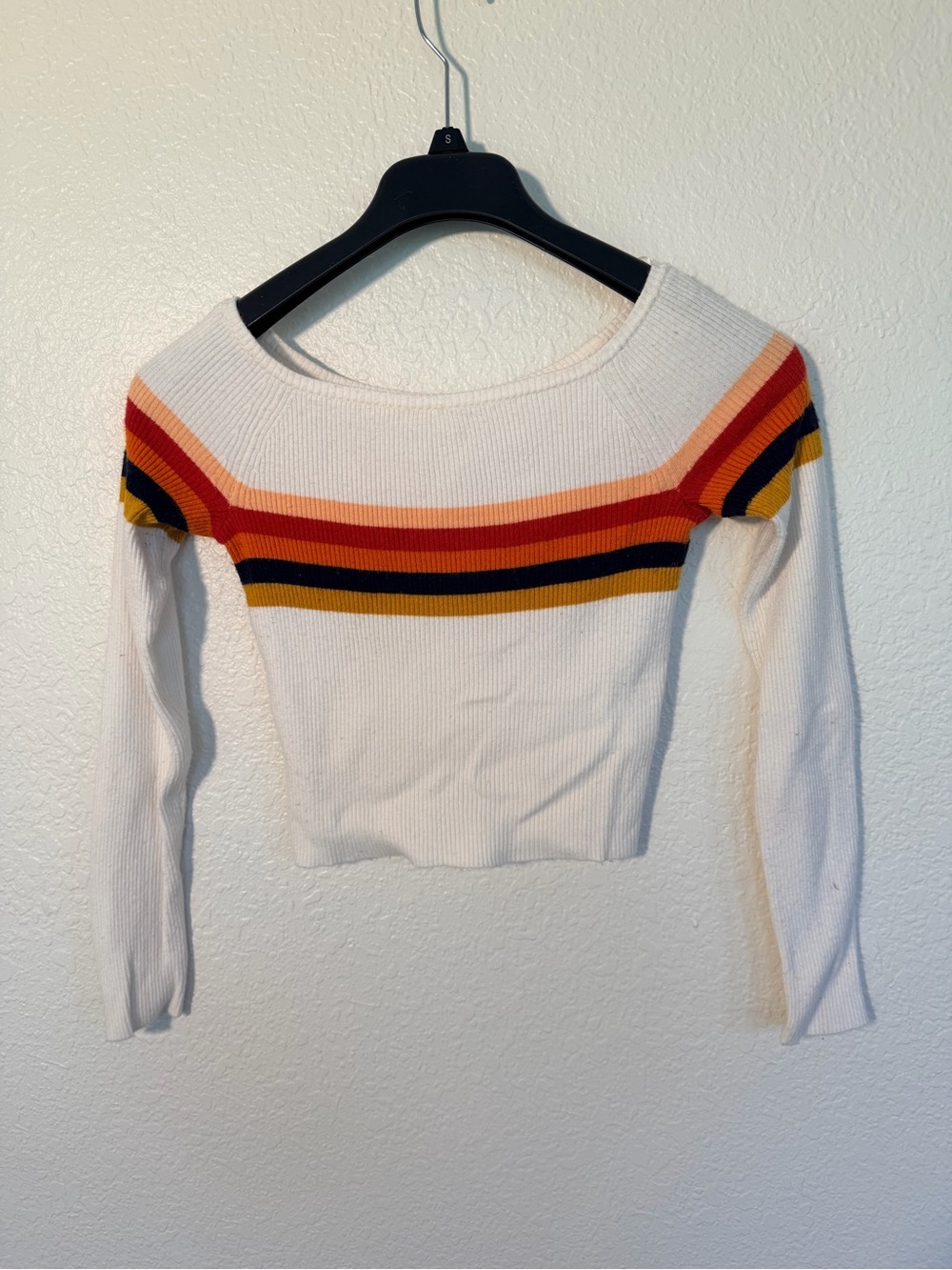 Off-the-Shoulder Cream Ribbed Crop Sweater with Red & Mustard Stripes
